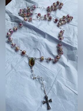 Handcrafted Pink Floral Rosary Necklace with Cross